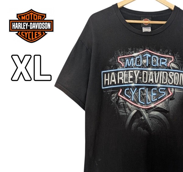 Harley-Davidson ハーレーダビッドソン Tシャツ プリントTシャツ ネオン ブラック 黒 USA製 古着 XL