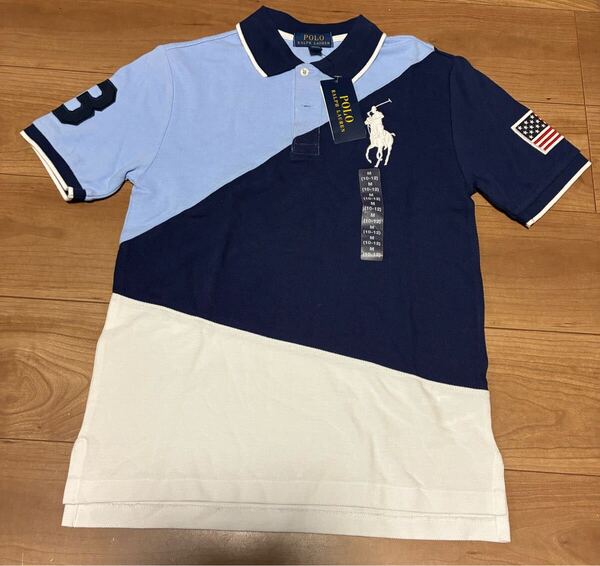 【キッズ商品】POLO RALPH LAUREN ポロ・ラルフローレン ビッグポニー刺繍 半袖 鹿の子 ポロシャツ 10-12(150) ブルー 未使用品 送料込み