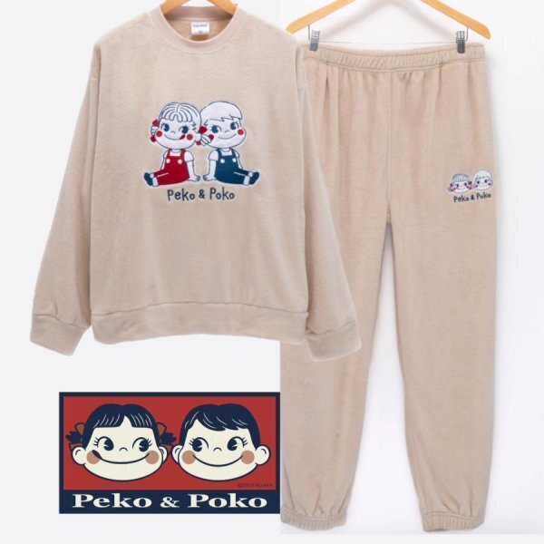 新品☆スウエット パンツ 上下セット 3L 2XLサイズ 大きいサイズ ペコちゃん&ポコちゃん フリース コスプレ キャラクター ベージュ