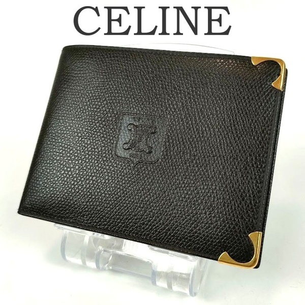 未使用級 セリーヌ CELINE トリオンフ 二つ折り 財布 レザー 本革 ブラック 黒 ロゴ柄型押し ID 小銭入れ無し メンズ ヴィンテージ 札入れ
