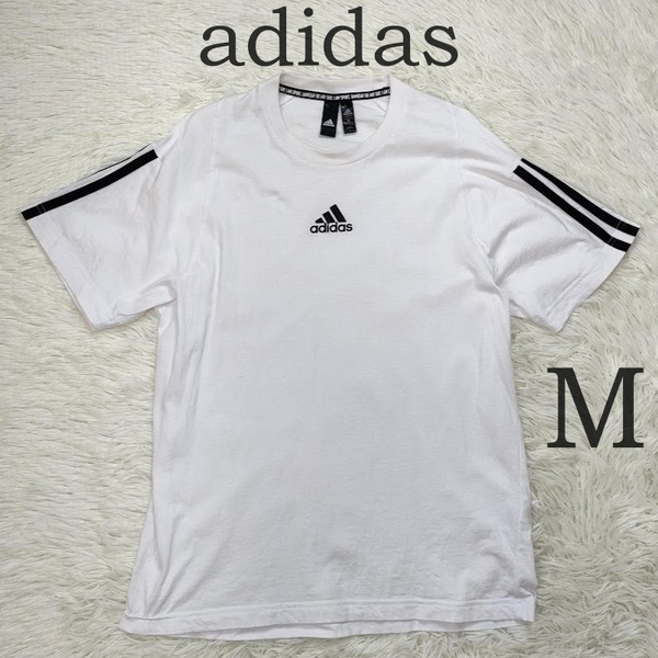 adidas アディダス 半袖 Tシャツ 肩にスリーストライプデザイン Mサイズ メンズ ホワイト 白 ロゴ プリント 中古