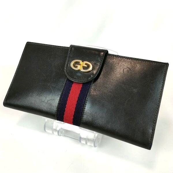GUCCI グッチ シェリーライン 長財布 二つ折り レザー オールドグッチ ヴィンテージ ネイビー 紺 メンズ レディース Wホック