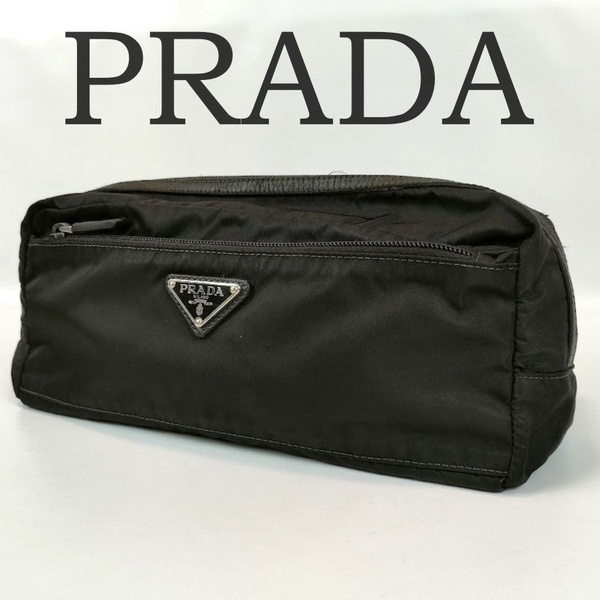 PRADA プラダ ダブルファスナー セカンドバッグ クラッチバッグ ポーチ ナイロン 三角ロゴプレート メンズ レディース ブラック系 ブランド