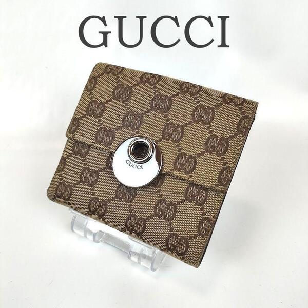 美品 GUCCI グッチ 二つ折り財布 Wホック GGキャンバス ロゴ金具 ベージュ ロゴ金具 メンズ レディース ブランド 中古