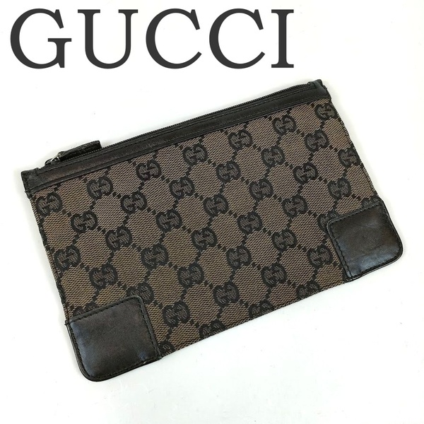 良品 GUCCI グッチ ポーチ キャンバス GG柄 ブラウン メンズ レディース 人気 レザー GGキャンバス 化粧ポーチ レア 希少 中古