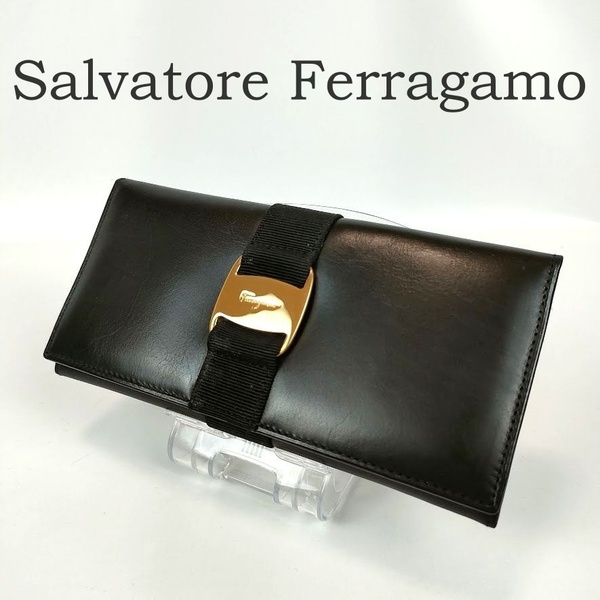 美品 Salvatore Ferragamo サルヴァトーレ フェラガモ 長財布 ヴァラリボン カーフレザー ファスナー 財布 レディース ブラック ゴールド