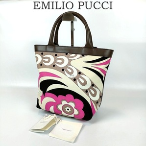 美品 EMILIO PUCCI エミリオプッチ トートバッグ ミニ 総柄 ピンク ブラウン ハンドバッグ レディース ブランド キャンバス レザー 牛革