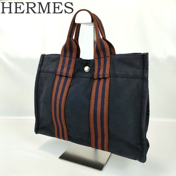 HERMES エルメス フールトゥ PM ミニ トートバッグ ハンドバッグ キャンバス ネイビー 紺 ブラウン ブランド 人気 中古 手提げ鞄 通勤 通学