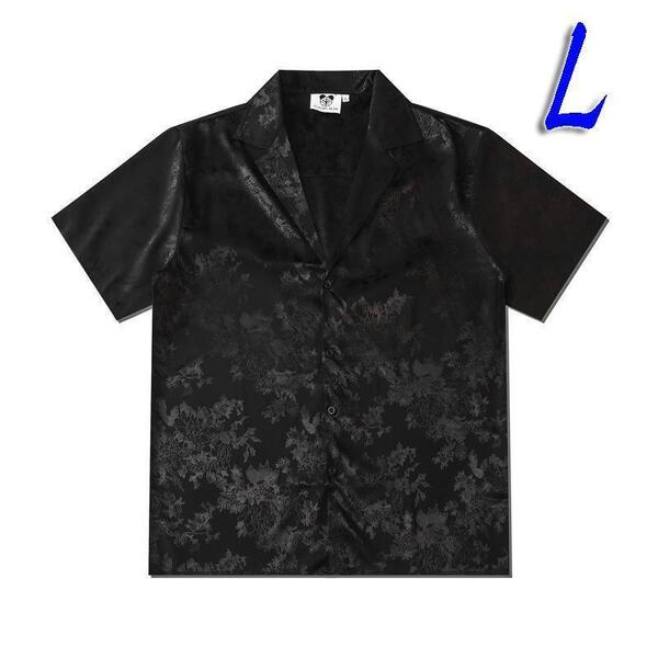 L 和柄 花柄 シャツ 総柄 ユニセックス オーバーサイズ アロハシャツ 黒 おしゃれ 夏服