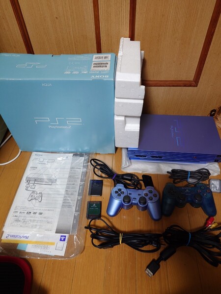 【動作確認済み】SONY PlayStation2 本体 一式 SCPH-39000 AQ アクアブルー 箱・未開封説明書付き 現状品 送料無料
