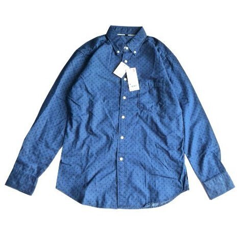 新品 定価3289円 UNIQLO ユニクロ デニム プリント シャツ メンズ M 青 ブルー 総柄 長袖