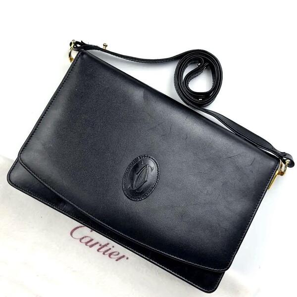 【美品】Cartier カルティエ マストライン 2way ショルダーバッグ ハンドバッグ ポシェット ポーチ フォーマル 男女兼用 レザー 黒 人気