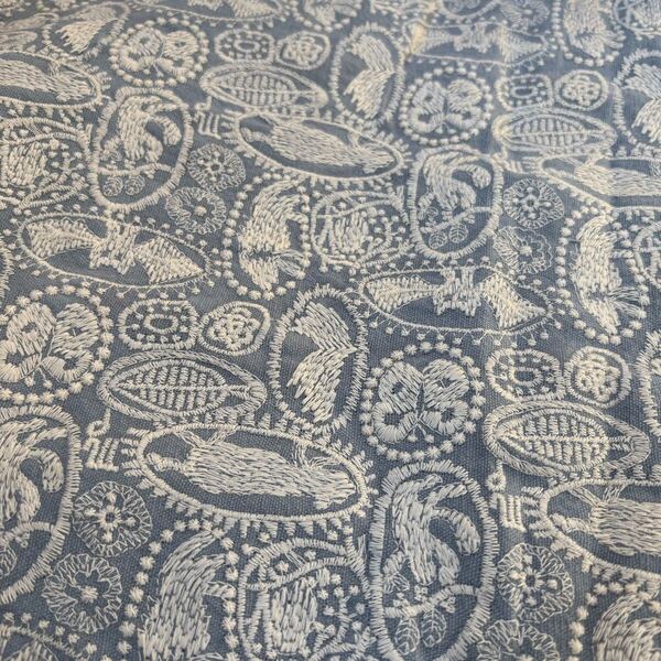 新仕様入荷ミントブルー地のホワイト刺繍生地ハギレ布