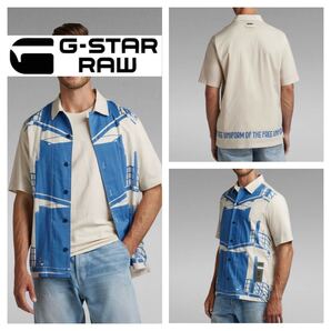レア■G-Star Raw■Hawaii Commando 建築プリント シャツ S ベージュ ブルー アロハ オープンカラー ジースターロゥ 定価23,100円