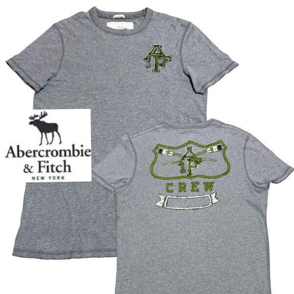 良品■Abercrombie & Fitch アバクロ■刺繍 A&F Tシャツ L グレー グリーン アバクロンビー&フィッチ アメカジ クルーネック