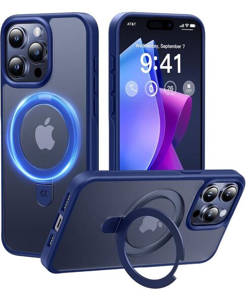CASEKOO iPhone 15 Pro 用 ケース 米軍MIL規格 耐衝撃 MagSafe対応隠しスタンド 指紋防止 マット仕上げ 黄変防止 (ブルー)/A786