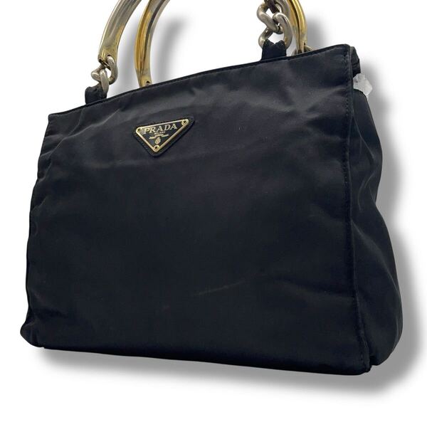 【美品】 プラダ PRADA ハンドバッグ テスートナイロン 三角プレート トートバッグ ナイロン ブラック系 トライアングルロゴ