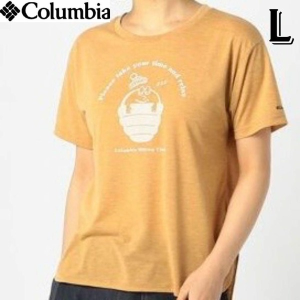 Columbia ×Jerry Ukai コロンビア レディース 半袖Tシャツ アウトドアウェア Lサイズ ベージュゴールド トップス・ビッグプリント