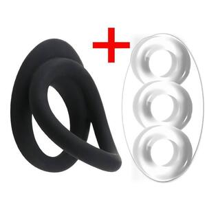 ダブル+おまけ コックリング 仮性包茎矯正 勃起不全 早漏改善 防止 ペニス 亀頭露出 増大 シリコン製 二連 ブラック黒 匿名取引OK送料込
