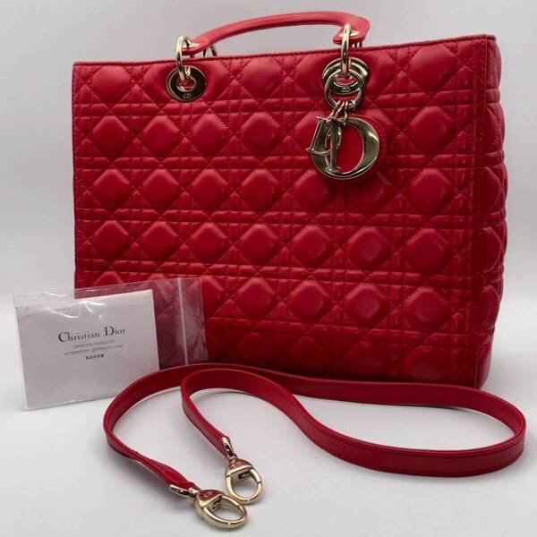 美品 Christian Dior クリスチャンディオール Dior レディディオール ラージ 赤 カナージュ バッグ ハンドバッグ ショルダーバッグ 2WAY
