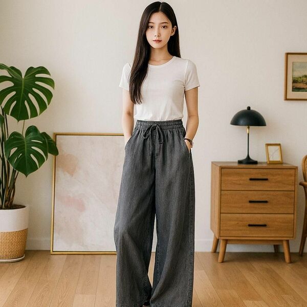 リネンワイドパンツ L グレー ハイウエスト ゆったり 韓国 体型カバー