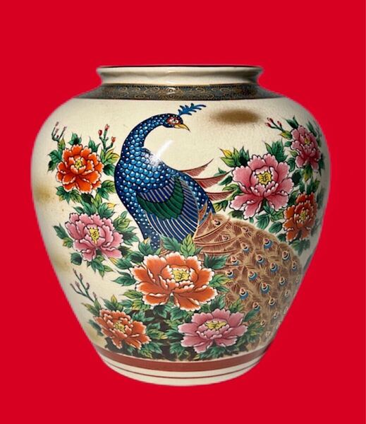 九谷焼 壺 「栄利」19.6x18cm 美品 送料込 手描き孔雀花瓶 陶器製 九谷焼 花瓶 花入 壺 花器 骨董品 アンティーク 陶器