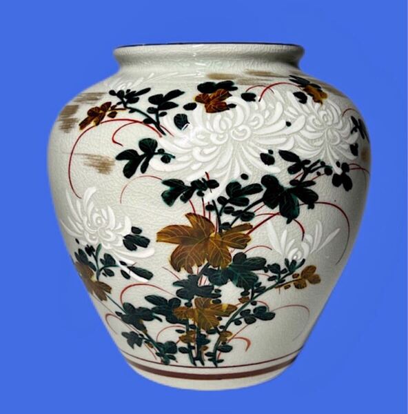 花模様の陶器の壺 九谷焼 桃仙窯 花瓶 花入 花器 壺 有田焼 骨董品