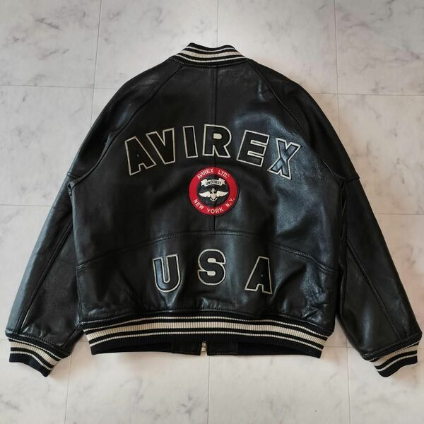 AVIREX オールレザー バーシティジャケット L ブラック レザースタジャン メンズ アヴィレックス VARSITY JACKET アーチロゴ ワッペン