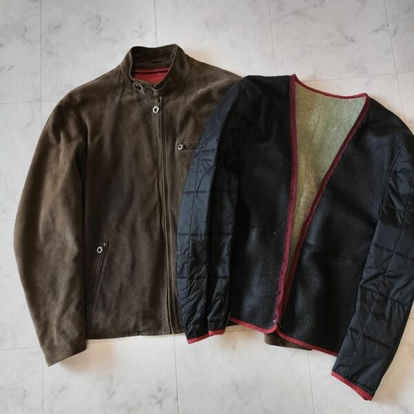 サルバトーレフェラガモ スエードシングルライダースジャケット 48 L レザー Salvatore Ferragamo メンズ レザージャケット ボア ムートン