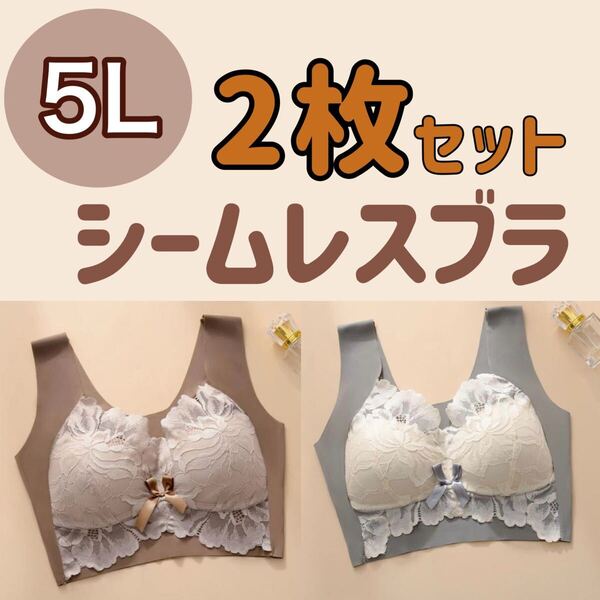 2枚セット ノンワイヤー シームレス ブラジャー C85 D85 C90 D90 ブラウン 茶色 グレー レース 大きいサイズ 5L 4XL ナイトブラ 夜用ブラ