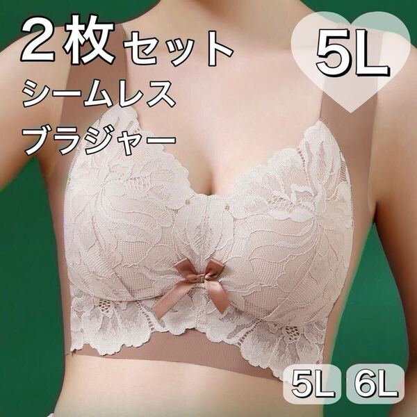 2枚セット ノンワイヤー シームレス ブラジャー C85 D85 C90 D90 ブラウン 茶色 レース 大きいサイズ 5L 4XL ナイトブラ 夜用ブラ