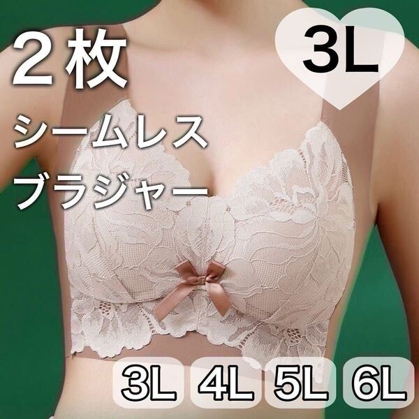 2枚セット ノンワイヤー シームレス ブラジャー ブラウン 茶色 レース 大きいサイズ 3L XXLナイトブラ 夜用ブラ B80 C80 D80 80b 80c 80d