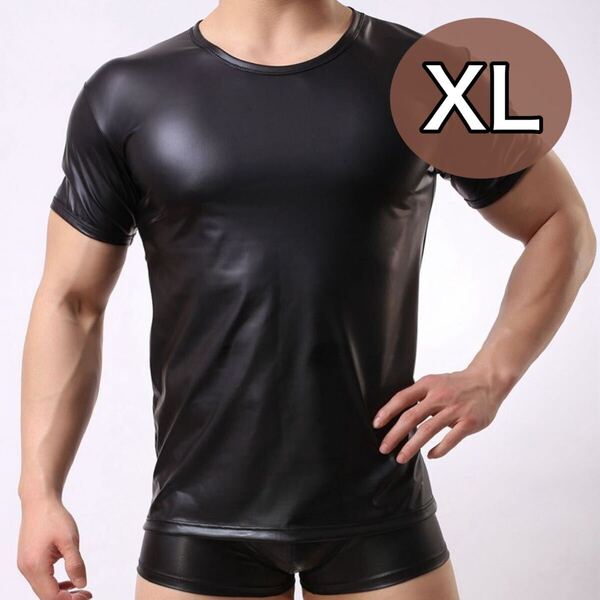 XL LL レザー Tシャツ PUレザー 半袖 シャツ マッスル メンズ ラバー コスプレ コスチューム 男性用 光沢 ワイルド セクシー ブラック 黒