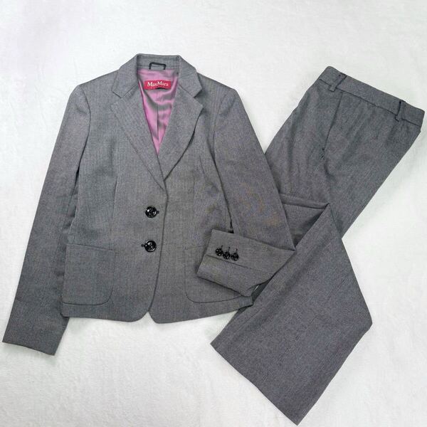 【新品同様】MaxMara セットアップ パンツスーツ 上下 ウール グレー 大きいサイズ 2XL テーラードジャケット ワイドフレアパンツ