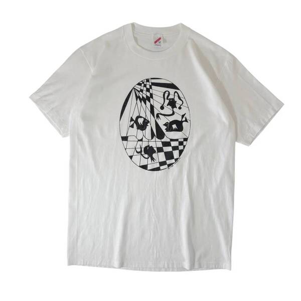 【L】80s USA製 CARNOR アート 騙し絵 顔 Tシャツ JERZEES 古着 ヴィンテージ シングルステッチ ホワイト