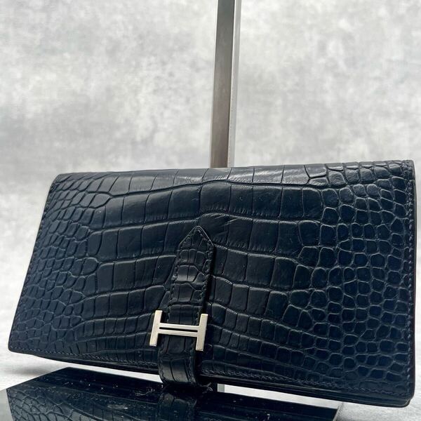 【唯一無二】エルメス HERMES ベアンスフレ アリゲーター マット 鰐革 長財布 二つ折り ブルー 青 クロコダイル メンズ