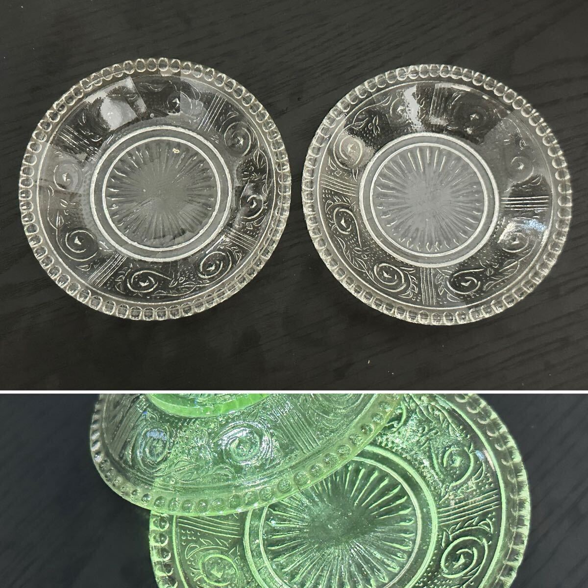 アンティーク】明治骨董　レースカット プレスガラス唐草紋様ウランガラス22㎝ アンティーク】明治骨董 レースカット プレスガラス唐草紋様