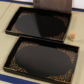 漆芸 木製漆器 唐草蒔絵 黒塗 長方盆 大小一組 2枚 脇取 広盆 広蓋 木箱入り /検/ 伝統工芸品 輪島 京都 金沢 加賀【MA719】