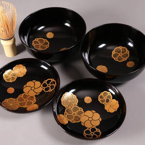 漆芸 木製漆器 捻り梅 金蒔絵 黒塗 御椀 二客 茶懐石道具 伝統工芸品【MA774】