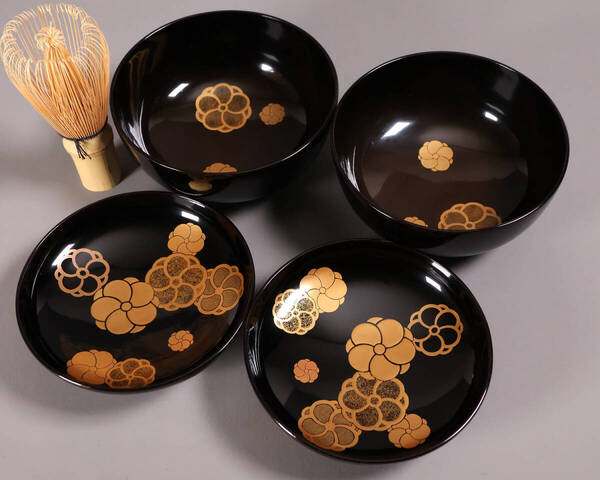 漆芸 木製漆器 捻り梅 金蒔絵 黒塗 御椀 二客 茶懐石道具 伝統工芸品【MA775】