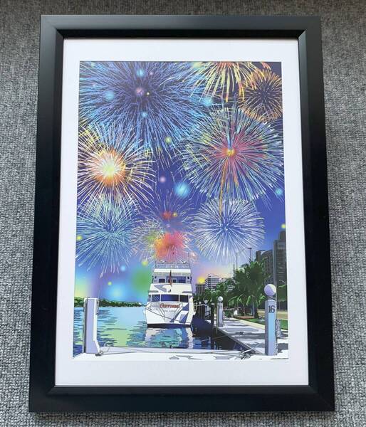 ■鈴木英人『EVENING MIAMI 2019』 A4サイズ 額入り 貴重イラスト 印刷物 ポスター風デザイン 額装品 アートフレーム インテリア