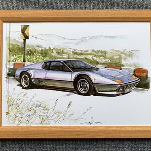 ■BOW。池田和弘『Ferrari 512BB』B5サイズ 額入り 貴重イラスト 印刷物 ポスター風デザイン 額装品 アートフレーム 旧車