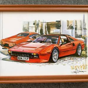 ■BOW。池田和弘『Ferrari 308GTS』B5サイズ額入り 貴重イラスト 印刷物 ポスター風デザイン 額装品 アートフレーム インテリア 旧車