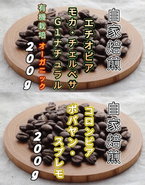 【エチオピア】モカ・チェルベサ【コロンビア】ポパヤン・スプレモ 各200g(自家焙煎 コーヒー豆 珈琲 コーヒー)