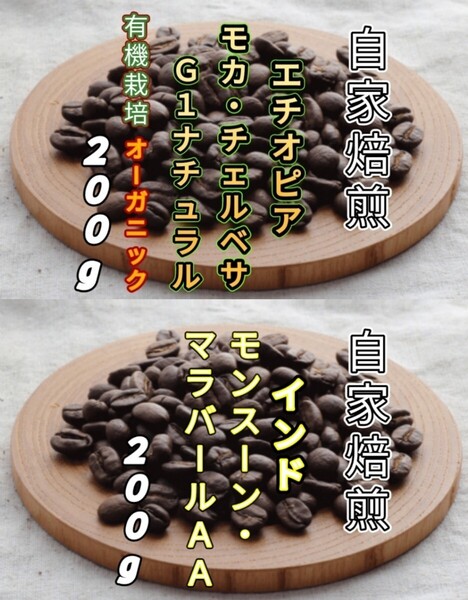 【エチオピア】モカ・チェルベサ【インド】マラバール 各200g(自家焙煎 コーヒー豆 珈琲 コーヒー)