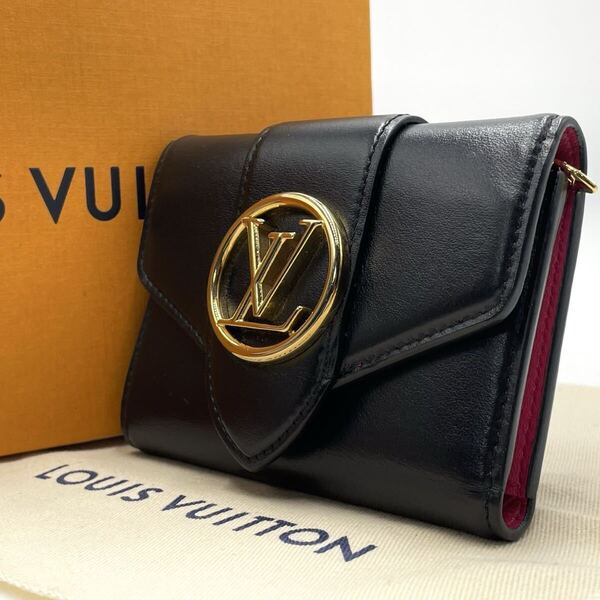 鑑定済み/極美品● LOUIS VUITTON ルイヴィトン ポルトフォイユ ポンヌフ LV 金具 折り財布 三つ折り コンパクト ウォレット ブラック