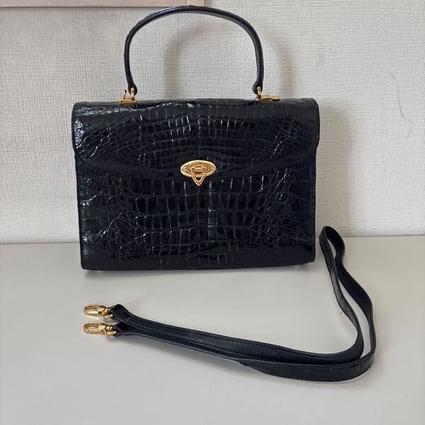 GENUINE CROCODILEハンドバッグ (クロコダイル 2way ブラック 金具ゴールドカラー) 南京錠欠品