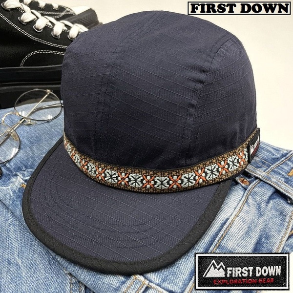 FIRST DOWN ネイビー ジェットキャップ 帽子 アウトドアキャンプ ゴルフスポーツ バイクオートバイトラック ブラックタグ ファーストダウン