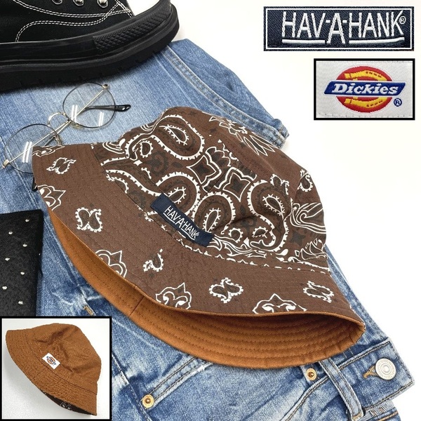 Dickies×HAV-A-HANK ブラウン バケットハット アウトドアキャンプスポーツゴルフ帽子バイクミリタリーオートバイ ペイズリー ディッキーズ