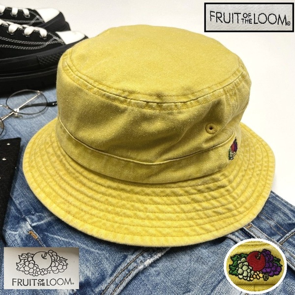 FRUIT OF THE LOOM イエロー バケットハット 帽子 スポーツ ゴルフ バイク キャンプアウトドアオートバイ釣り 刺繍 フルーツオブザルーム